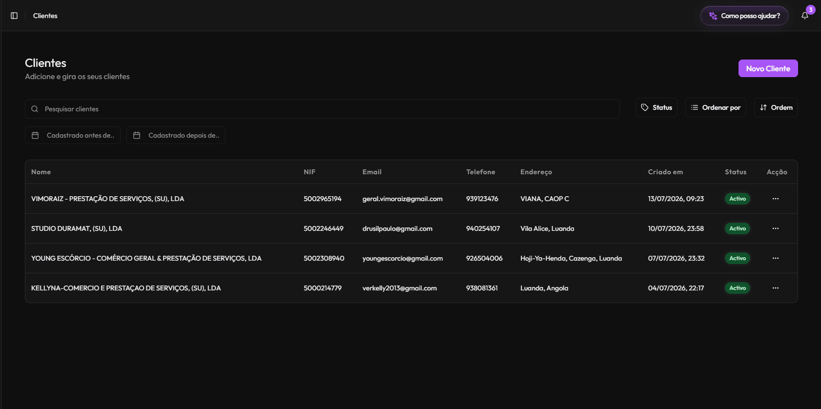 Lista de clientes do Mindgest com NIF, contactos, endereço e estado de cada cliente