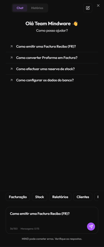 Conversa com a MindIA no Mindgest, com sugestões de perguntas sobre facturação, stock, relatórios e clientes